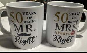 50th Wedding Anniversary Mr. and Mrs. Right 11 oz Ceramic Coffee Mug Set